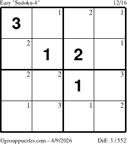The grouppuzzles.com Easy Sudoku-4 puzzle for Thursday April 9, 2026 with the first 3 steps marked