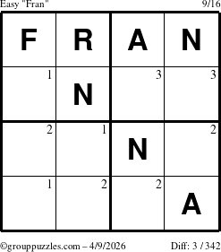 The grouppuzzles.com Easy Fran puzzle for Thursday April 9, 2026 with the first 3 steps marked