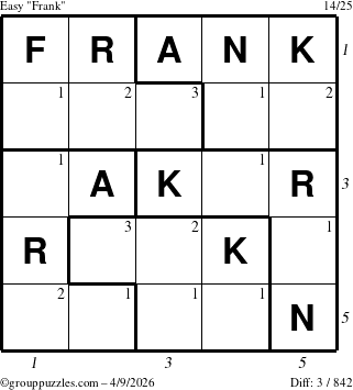 The grouppuzzles.com Easy Frank puzzle for Thursday April 9, 2026, suitable for printing, with all 3 steps marked