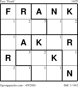 The grouppuzzles.com Easy Frank puzzle for Thursday April 9, 2026 with the first 3 steps marked
