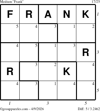 The grouppuzzles.com Medium Frank puzzle for Thursday April 9, 2026, suitable for printing, with all 5 steps marked