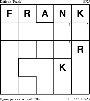 The grouppuzzles.com Difficult Frank puzzle for Thursday April 9, 2026 with the first 3 steps marked