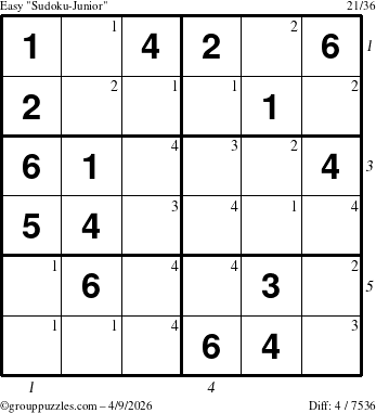 The grouppuzzles.com Easy Sudoku-Junior puzzle for Thursday April 9, 2026 with all 4 steps marked