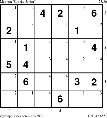 The grouppuzzles.com Medium Sudoku-Junior puzzle for Thursday April 9, 2026, suitable for printing, with all 4 steps marked