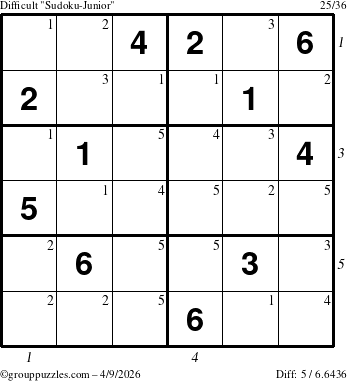 The grouppuzzles.com Difficult Sudoku-Junior puzzle for Thursday April 9, 2026 with all 5 steps marked
