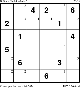 The grouppuzzles.com Difficult Sudoku-Junior puzzle for Thursday April 9, 2026 with the first 3 steps marked