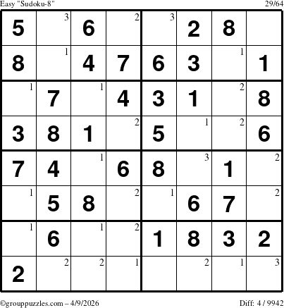 The grouppuzzles.com Easy Sudoku-8 puzzle for Thursday April 9, 2026 with the first 3 steps marked