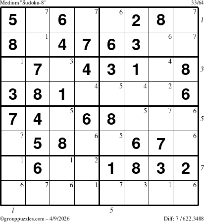 The grouppuzzles.com Medium Sudoku-8 puzzle for Thursday April 9, 2026, suitable for printing, with all 7 steps marked