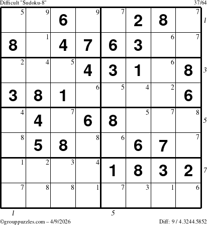 The grouppuzzles.com Difficult Sudoku-8 puzzle for Thursday April 9, 2026, suitable for printing, with all 9 steps marked
