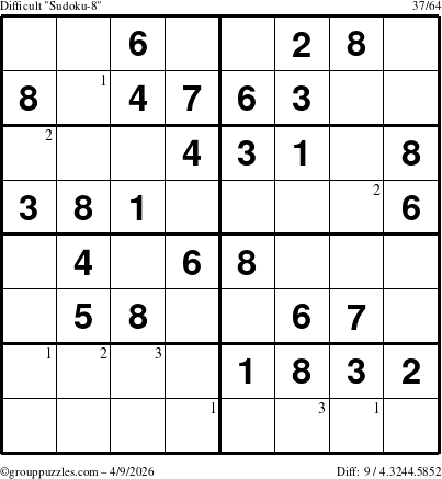 The grouppuzzles.com Difficult Sudoku-8 puzzle for Thursday April 9, 2026 with the first 3 steps marked