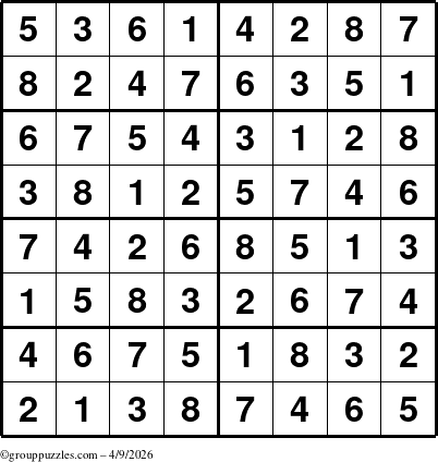 The grouppuzzles.com Answer grid for the Sudoku-8 puzzle for Thursday April 9, 2026