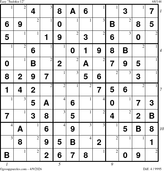 The grouppuzzles.com Easy Sudoku-12 puzzle for Thursday April 9, 2026, suitable for printing, with all 4 steps marked