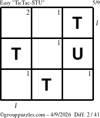 The grouppuzzles.com Easy TicTac-STU puzzle for Thursday April 9, 2026, suitable for printing, with all 2 steps marked