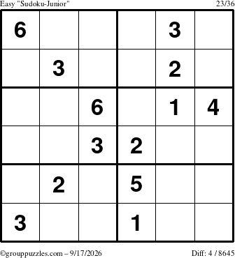 The grouppuzzles.com Easy Sudoku-Junior puzzle for Thursday September 17, 2026