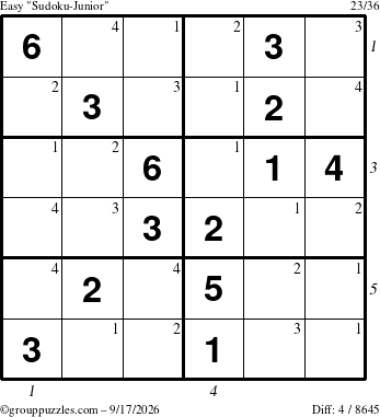 The grouppuzzles.com Easy Sudoku-Junior puzzle for Thursday September 17, 2026, suitable for printing, with all 4 steps marked