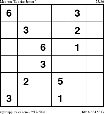 The grouppuzzles.com Medium Sudoku-Junior puzzle for Thursday September 17, 2026