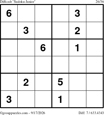 The grouppuzzles.com Difficult Sudoku-Junior puzzle for Thursday September 17, 2026