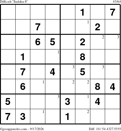 The grouppuzzles.com Difficult Sudoku-8 puzzle for Thursday September 17, 2026 with the first 3 steps marked