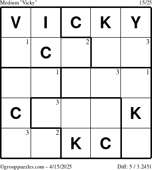The grouppuzzles.com Medium Vicky puzzle for Tuesday April 15, 2025 with the first 3 steps marked