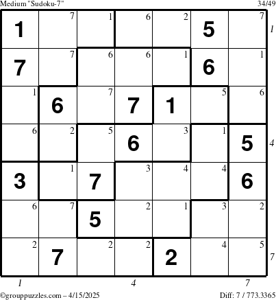 The grouppuzzles.com Medium Sudoku-7 puzzle for Tuesday April 15, 2025, suitable for printing, with all 7 steps marked