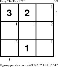 The grouppuzzles.com Easy TicTac-123 puzzle for Tuesday April 15, 2025 with all 2 steps marked