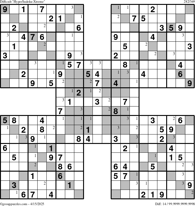 The grouppuzzles.com Difficult HyperSudoku-Xtreme puzzle for Tuesday April 15, 2025 with the first 3 steps marked
