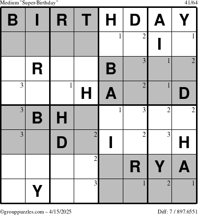 The grouppuzzles.com Medium Super-Birthday puzzle for Tuesday April 15, 2025 with the first 3 steps marked