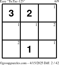 The grouppuzzles.com Easy TicTac-123 puzzle for Tuesday April 15, 2025 with the first 2 steps marked