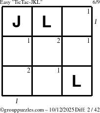 The grouppuzzles.com Easy TicTac-JKL puzzle for Sunday October 12, 2025 with all 2 steps marked