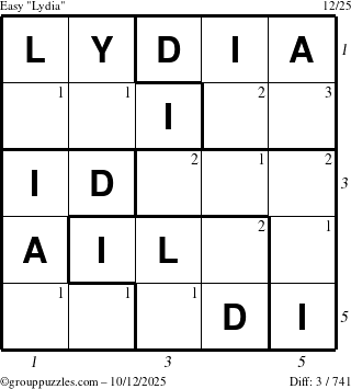 The grouppuzzles.com Easy Lydia puzzle for Sunday October 12, 2025 with all 3 steps marked