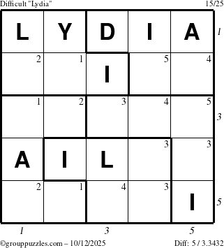 The grouppuzzles.com Difficult Lydia puzzle for Sunday October 12, 2025 with all 5 steps marked