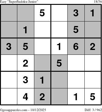 The grouppuzzles.com Easy SuperSudoku-Junior puzzle for Sunday October 12, 2025