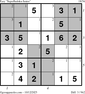 The grouppuzzles.com Easy SuperSudoku-Junior puzzle for Sunday October 12, 2025 with all 3 steps marked