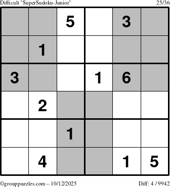 The grouppuzzles.com Difficult SuperSudoku-Junior puzzle for Sunday October 12, 2025