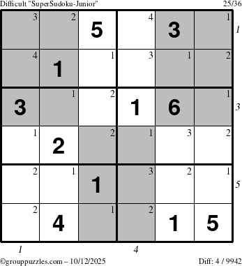 The grouppuzzles.com Difficult SuperSudoku-Junior puzzle for Sunday October 12, 2025 with all 4 steps marked