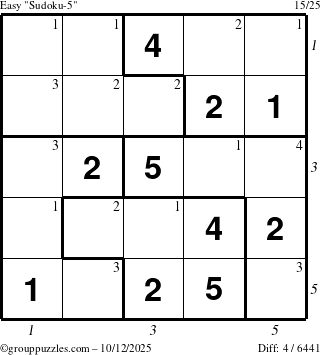 The grouppuzzles.com Easy Sudoku-5 puzzle for Sunday October 12, 2025 with all 4 steps marked