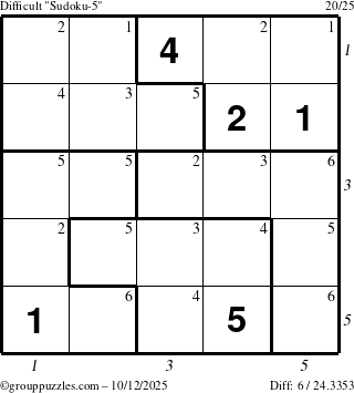 The grouppuzzles.com Difficult Sudoku-5 puzzle for Sunday October 12, 2025 with all 6 steps marked