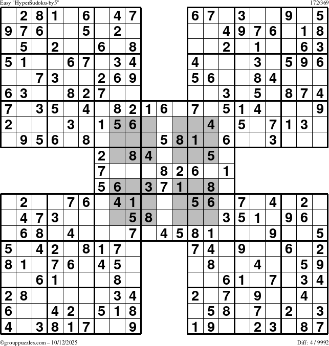 The grouppuzzles.com Easy HyperSudoku-by5 puzzle for Sunday October 12, 2025