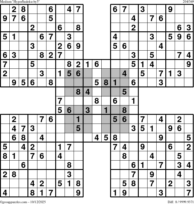 The grouppuzzles.com Medium HyperSudoku-by5 puzzle for Sunday October 12, 2025