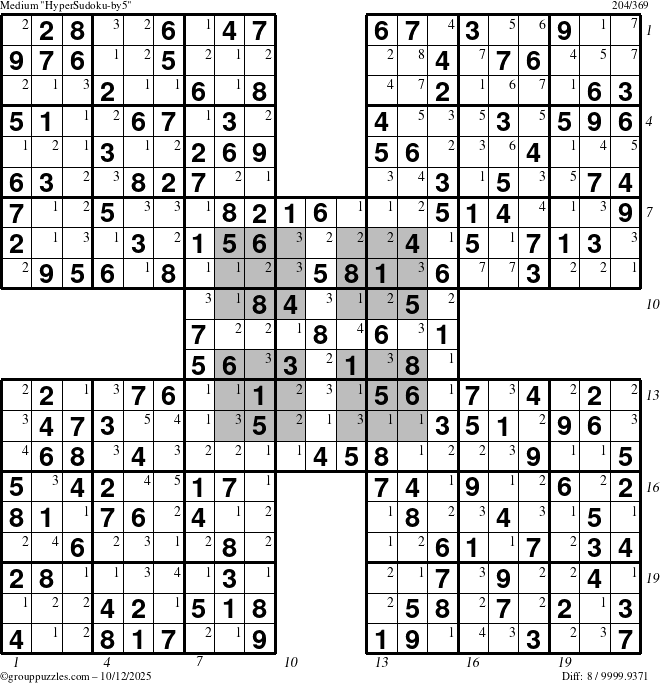 The grouppuzzles.com Medium HyperSudoku-by5 puzzle for Sunday October 12, 2025 with all 8 steps marked