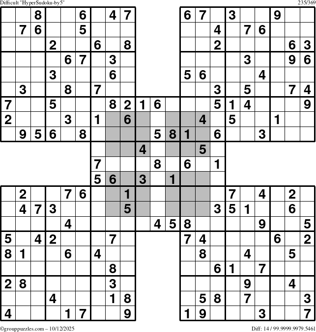 The grouppuzzles.com Difficult HyperSudoku-by5 puzzle for Sunday October 12, 2025