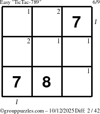 The grouppuzzles.com Easy TicTac-789 puzzle for Sunday October 12, 2025 with all 2 steps marked