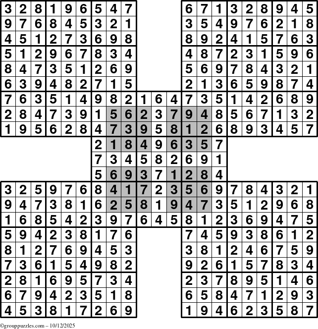 The grouppuzzles.com Answer grid for the HyperSudoku-by5 puzzle for Sunday October 12, 2025