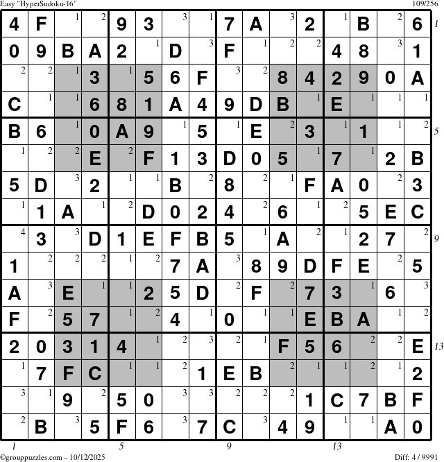 The grouppuzzles.com Easy HyperSudoku-16 puzzle for Sunday October 12, 2025 with all 4 steps marked