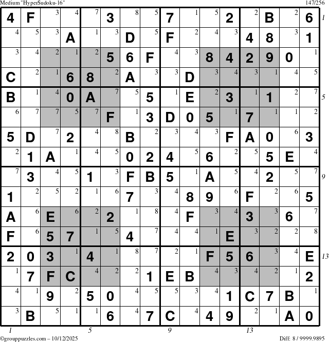 The grouppuzzles.com Medium HyperSudoku-16 puzzle for Sunday October 12, 2025 with all 8 steps marked