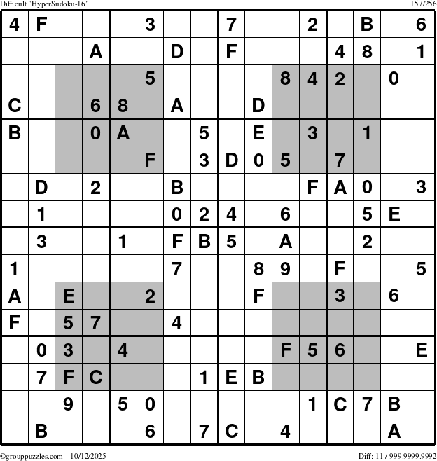 The grouppuzzles.com Difficult HyperSudoku-16 puzzle for Sunday October 12, 2025