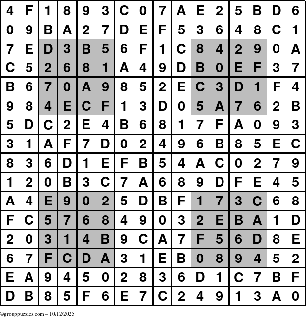 The grouppuzzles.com Answer grid for the HyperSudoku-16 puzzle for Sunday October 12, 2025