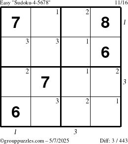 The grouppuzzles.com Easy Sudoku-4-5678 puzzle for Wednesday May 7, 2025, suitable for printing, with all 3 steps marked