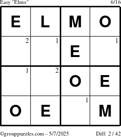 The grouppuzzles.com Easy Elmo puzzle for Wednesday May 7, 2025 with the first 2 steps marked