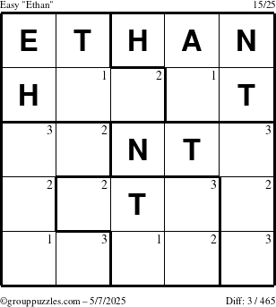 The grouppuzzles.com Easy Ethan puzzle for Wednesday May 7, 2025 with the first 3 steps marked
